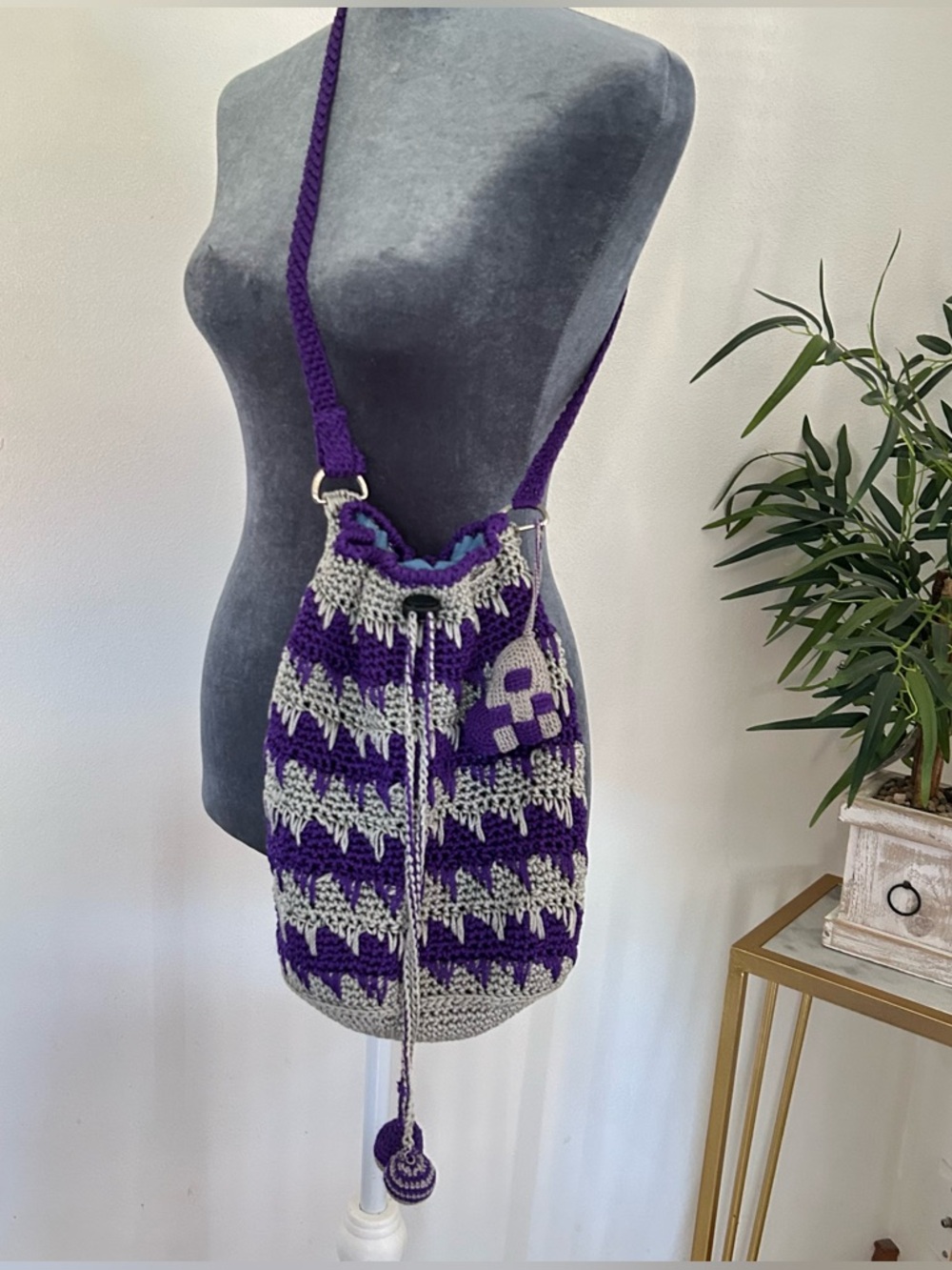Handmade Crochet Bucket Drawstring Shoulder Bag